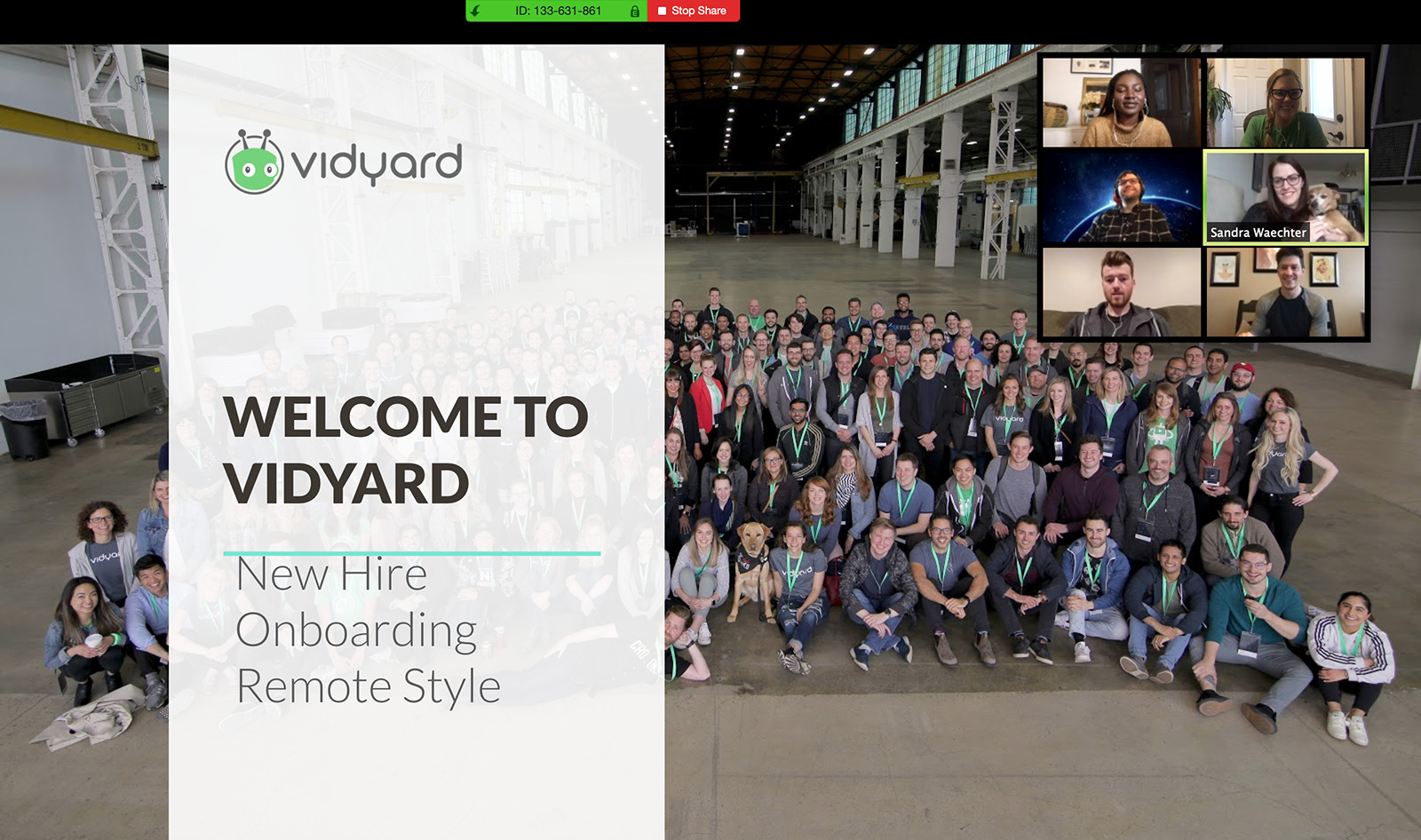 screenshot showing the process of onboarding remote employees using a Zoom call and slides